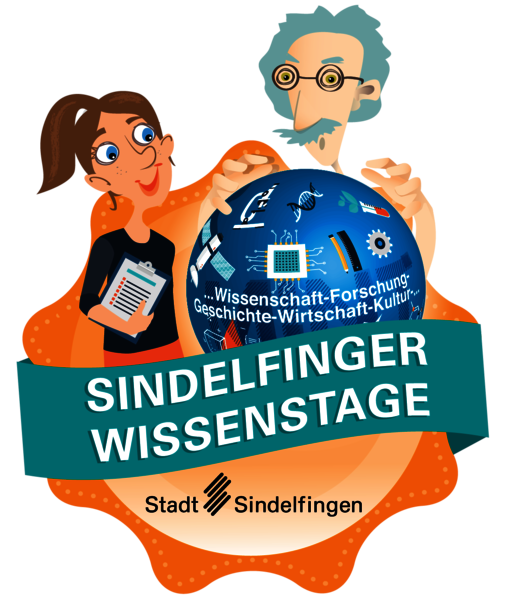 Logo Sindelfinger Wissenstage 2021 Eine Karikatur Albert Einsteins und einer Schülerin